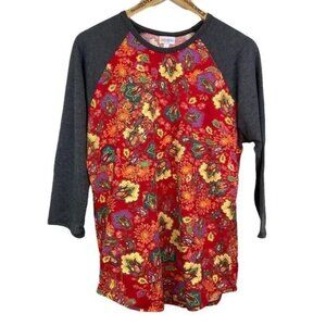 LULAROE WOMEN'S RANDY GRAY & FLORAL RAGLAN 3/4 SLEEVE TEE SIZE LARGE (14-16)-EUC